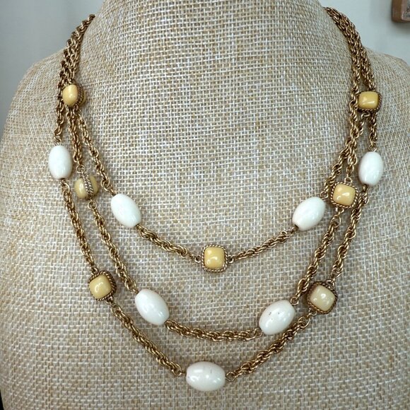 Monet Vintage Gold-Tone Multi-Strand Necklace With Cream & Yellow Beads - Picture 1 of 8